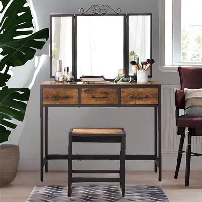 Industrial Rustic Brown Dressing Table With Mirror And Stool