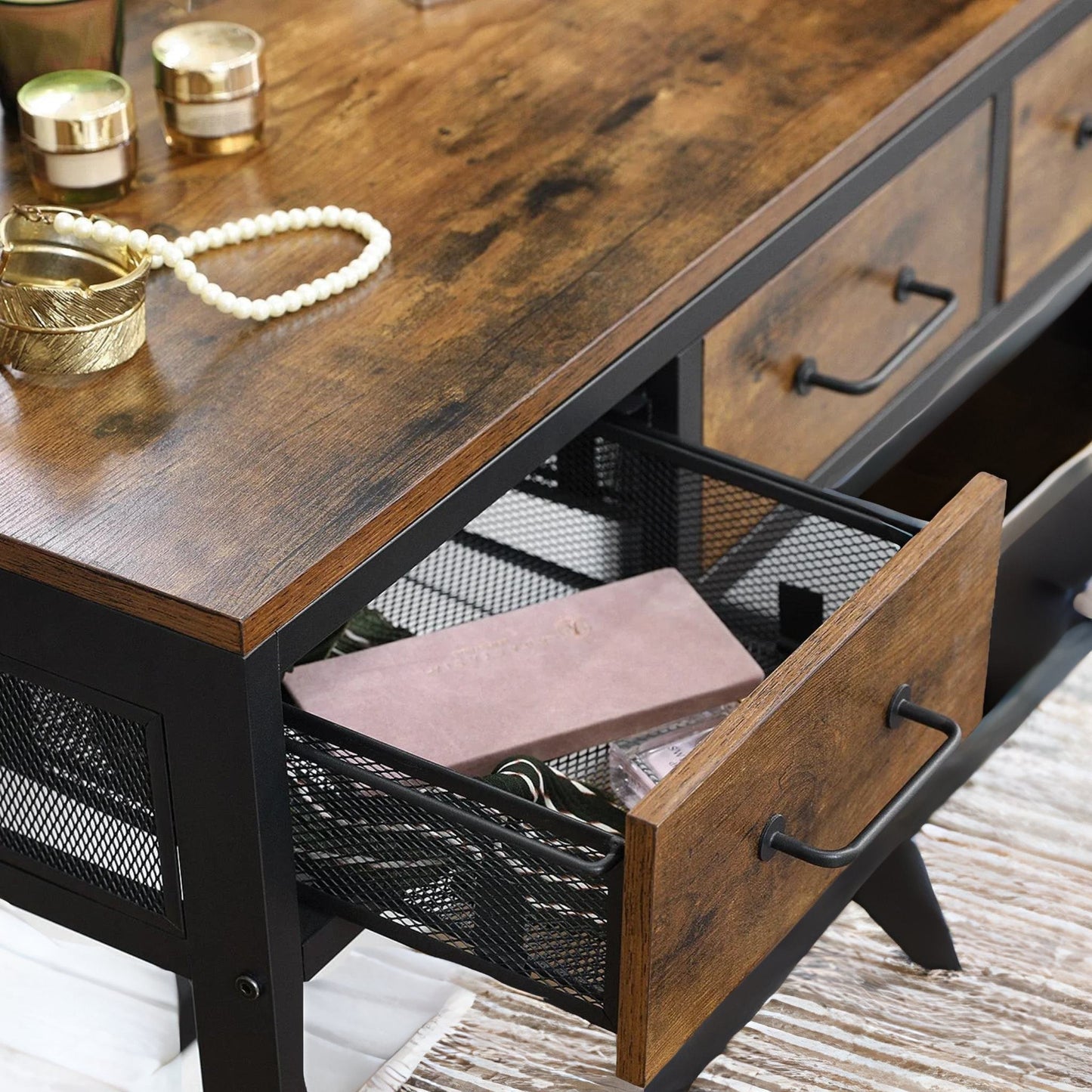 industrial rustic brown dressing table with mirror and stool