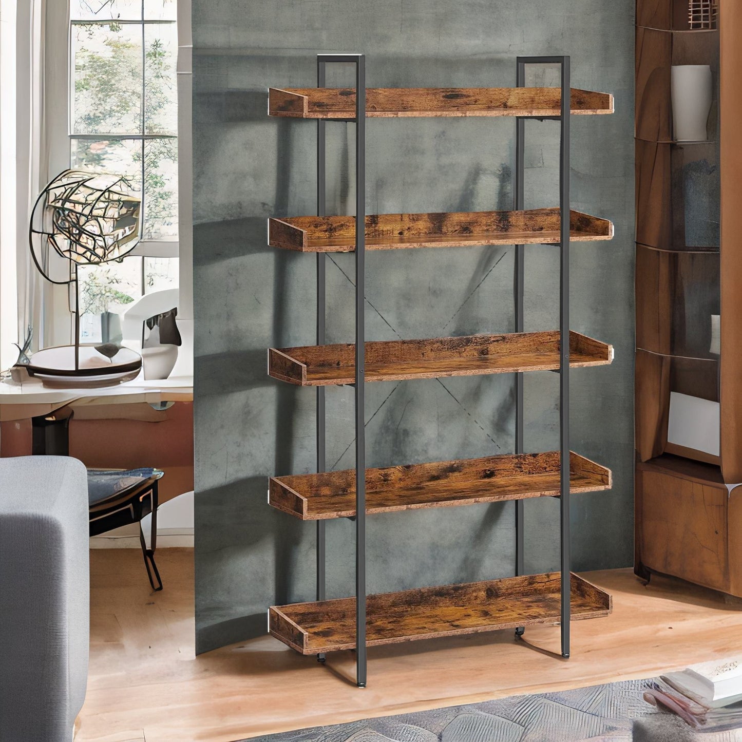 industrial 5 tier rustic brown bookcase