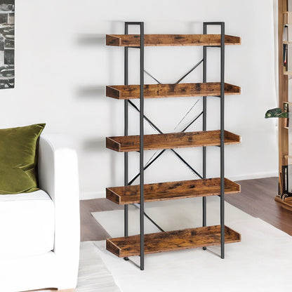 Industrial 5 Tier Rustic Brown Bookcase