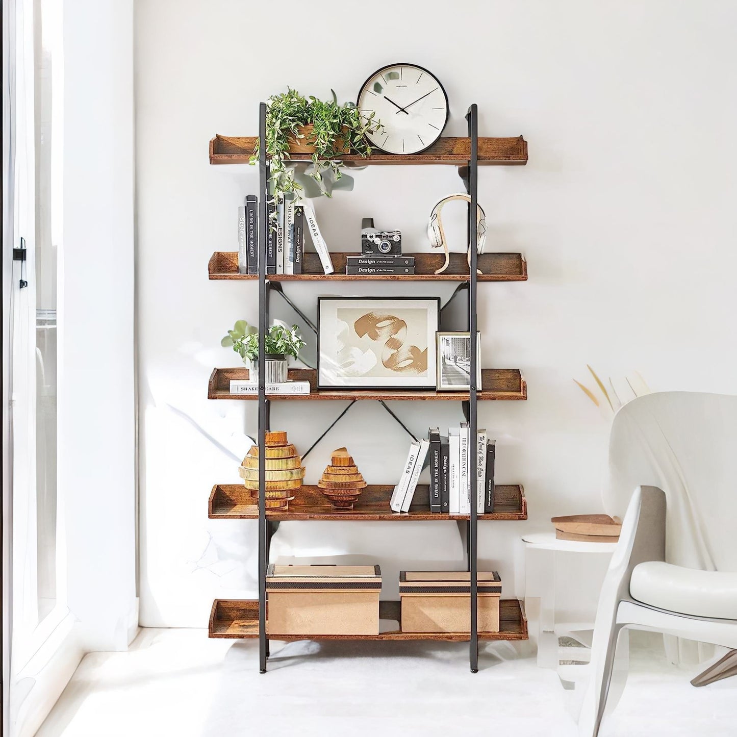 industrial 5 tier rustic brown bookcase