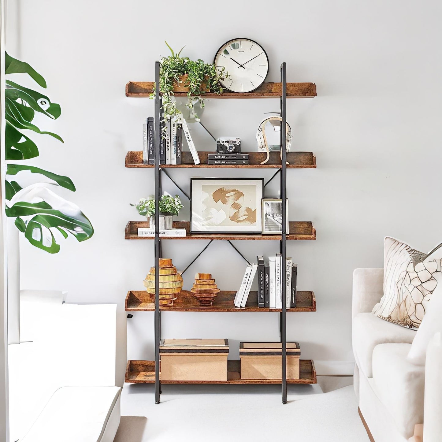 industrial 5 tier rustic brown bookcase