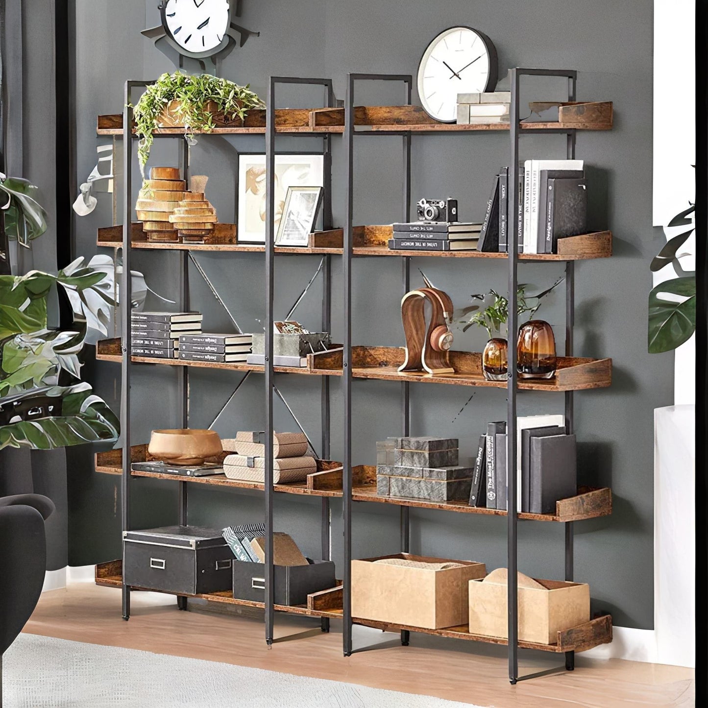 industrial 5 tier rustic brown bookcase