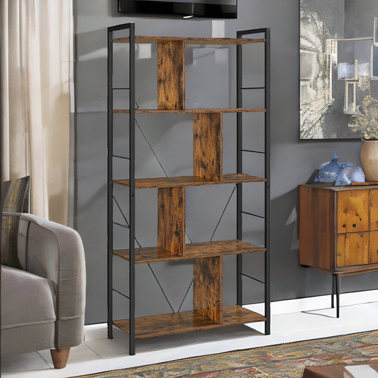 Industrial 5 Tier Rustic Brown Bookcase Zig Zag