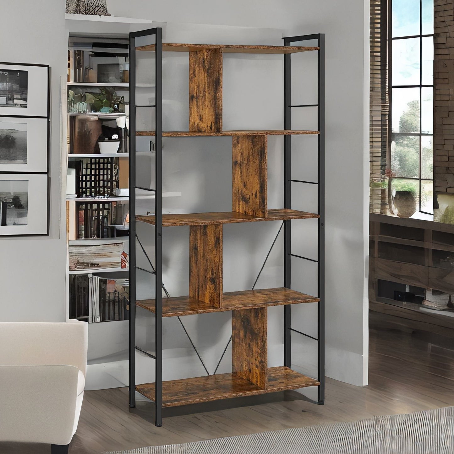 industrial 5 tier rustic brown bookcase zig zag