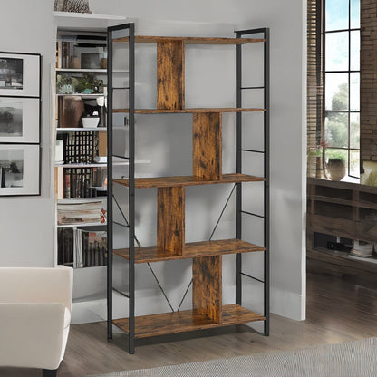 Industrial 5 Tier Rustic Brown Bookcase Zig Zag