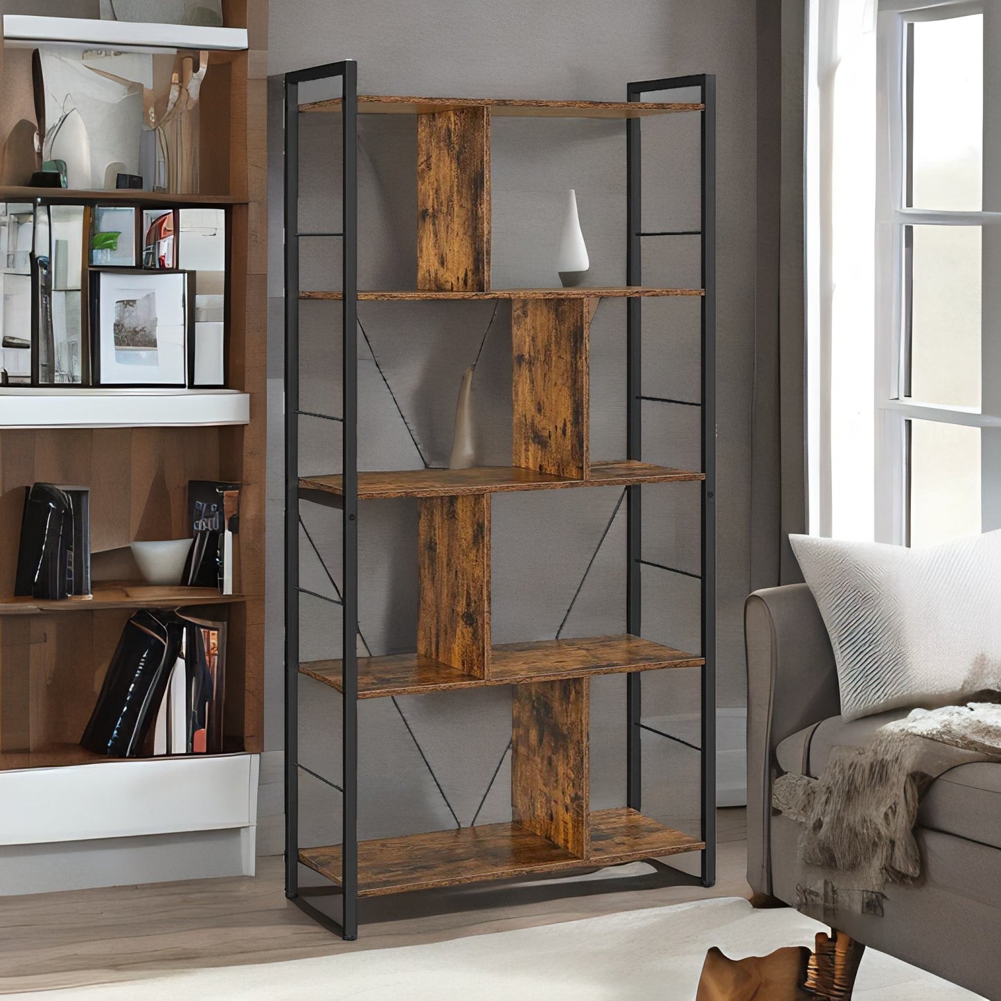 industrial 5 tier rustic brown bookcase zig zag