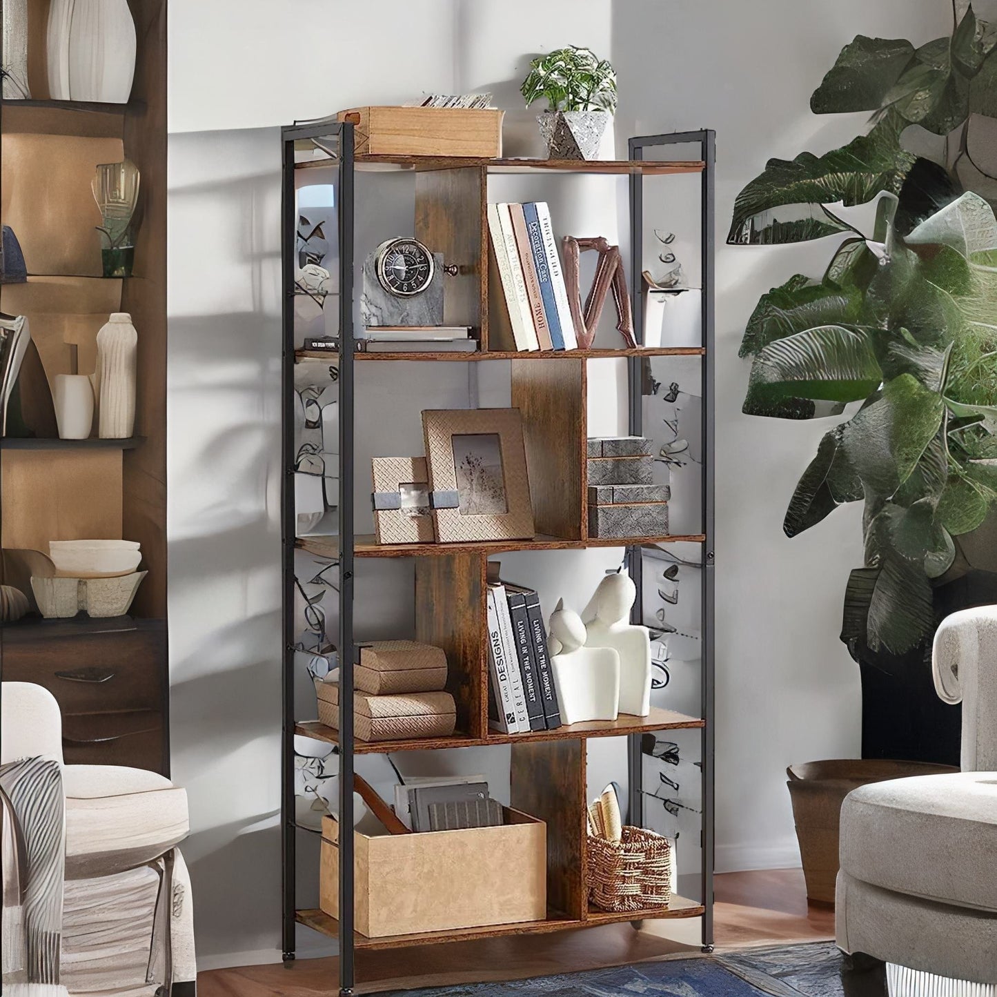 industrial 5 tier rustic brown bookcase zig zag