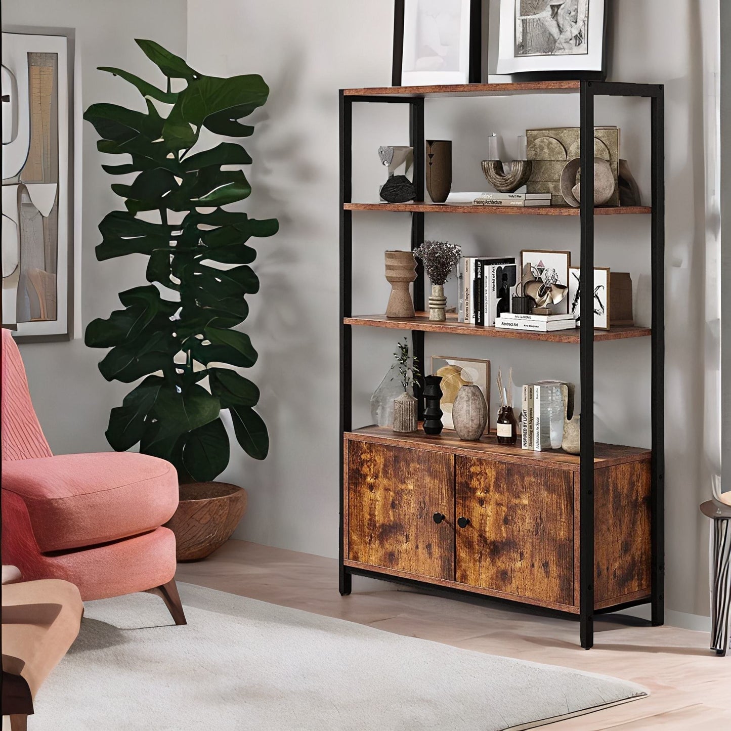 industrial bookcase with 3 shelves & cupboard