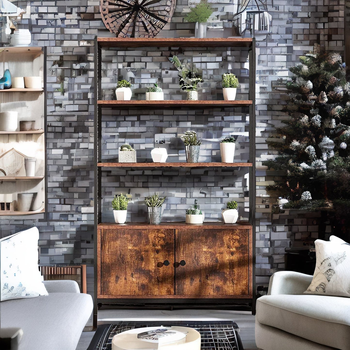 industrial bookcase with 3 shelves & cupboard