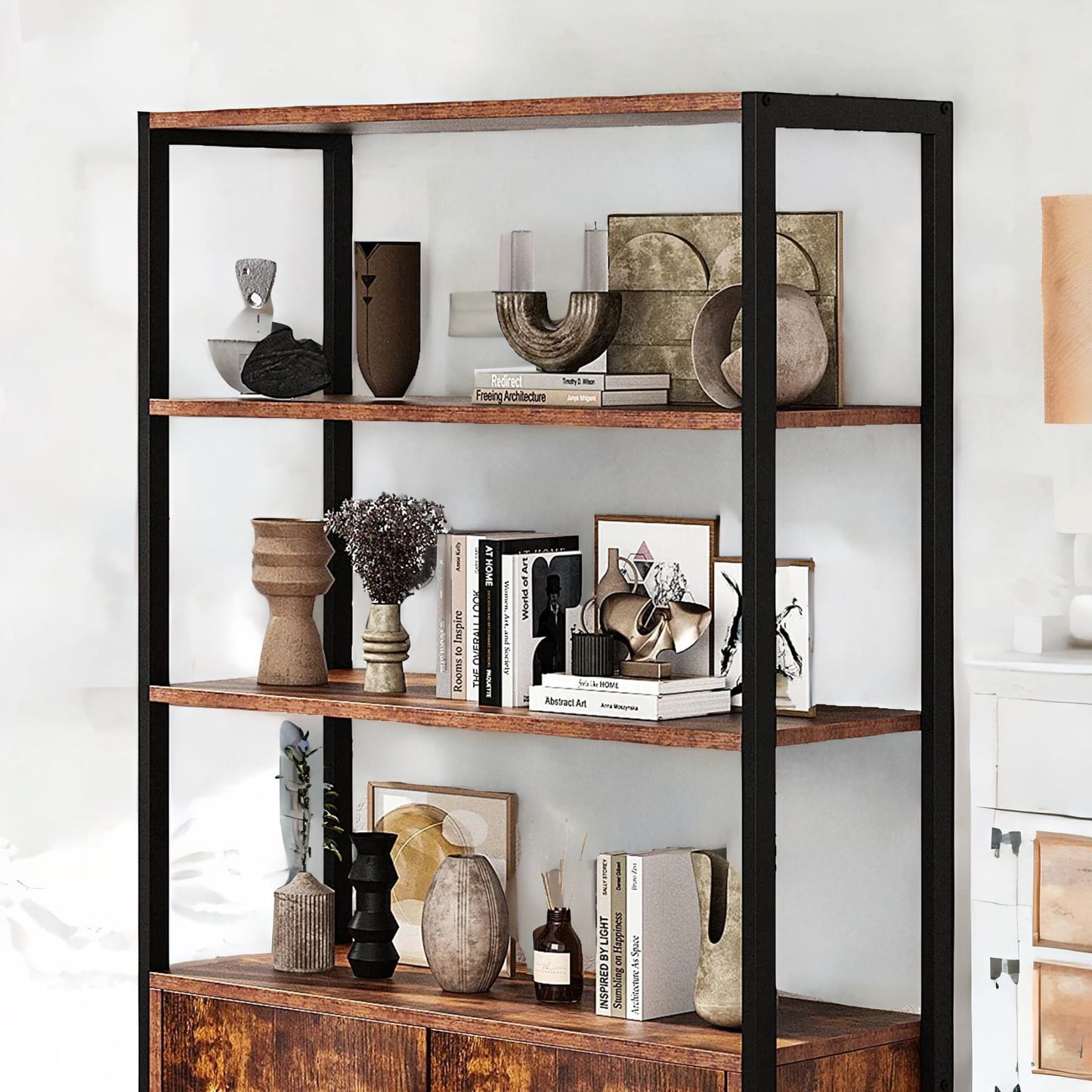 industrial bookcase with 3 shelves & cupboard