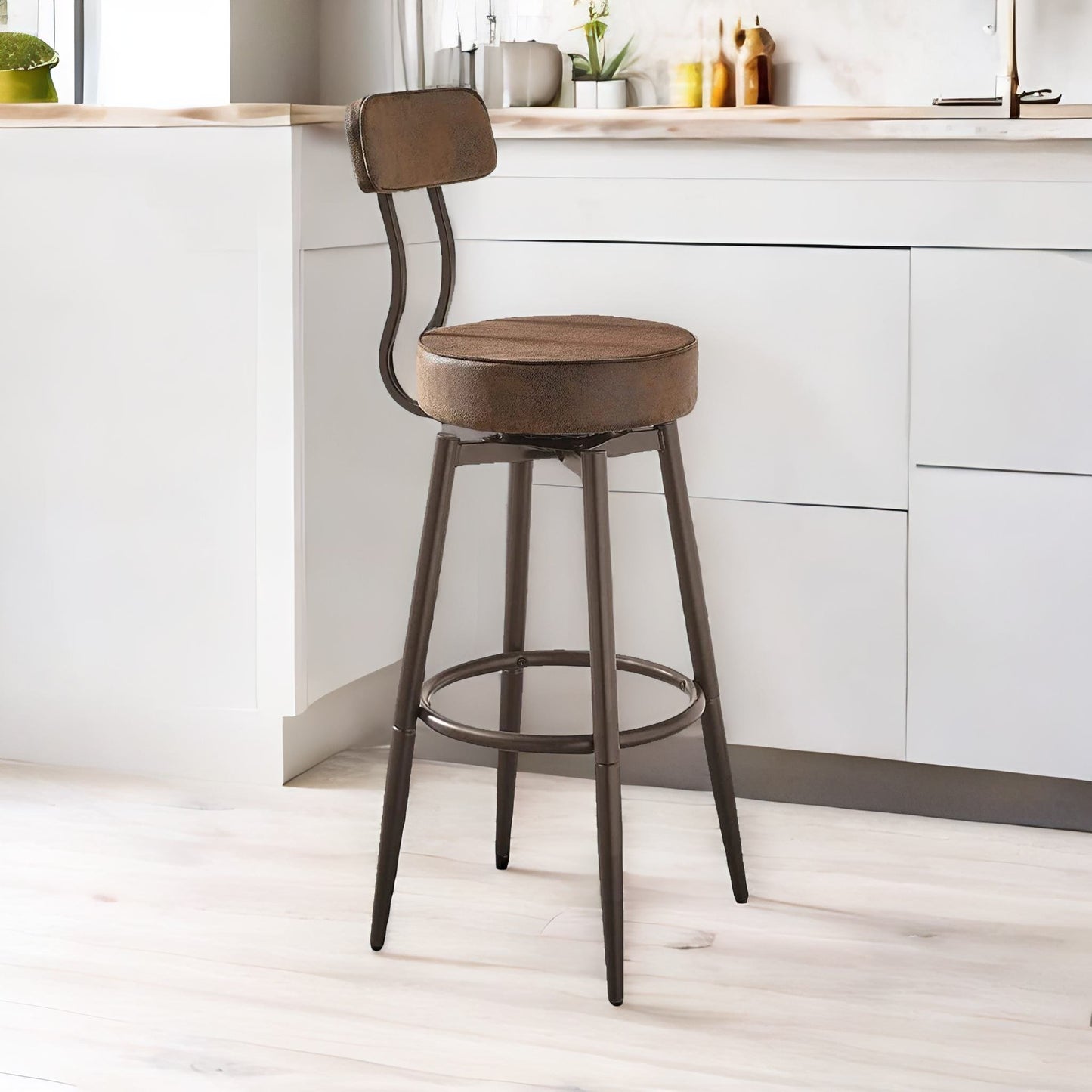 industrial faux leather swivel bar stool with back & footrest