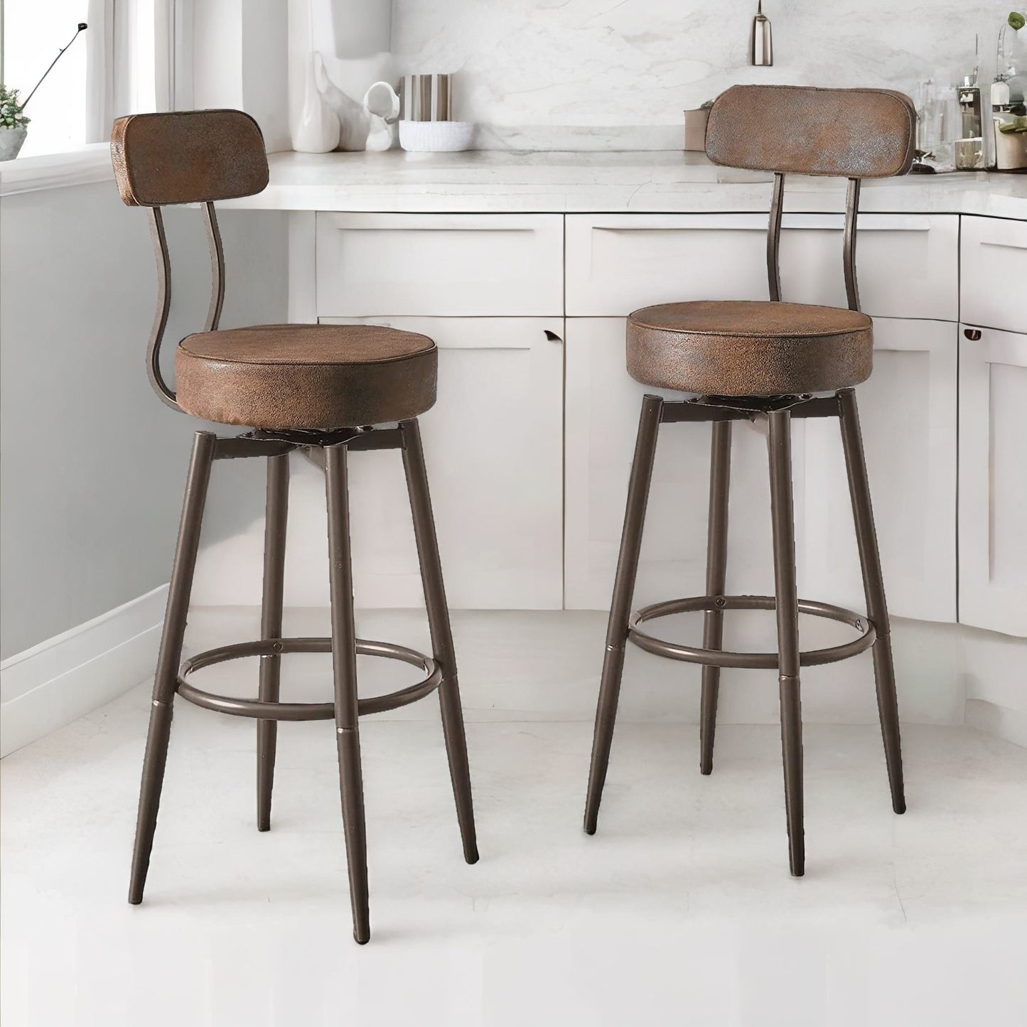 industrial faux leather swivel bar stool with back & footrest