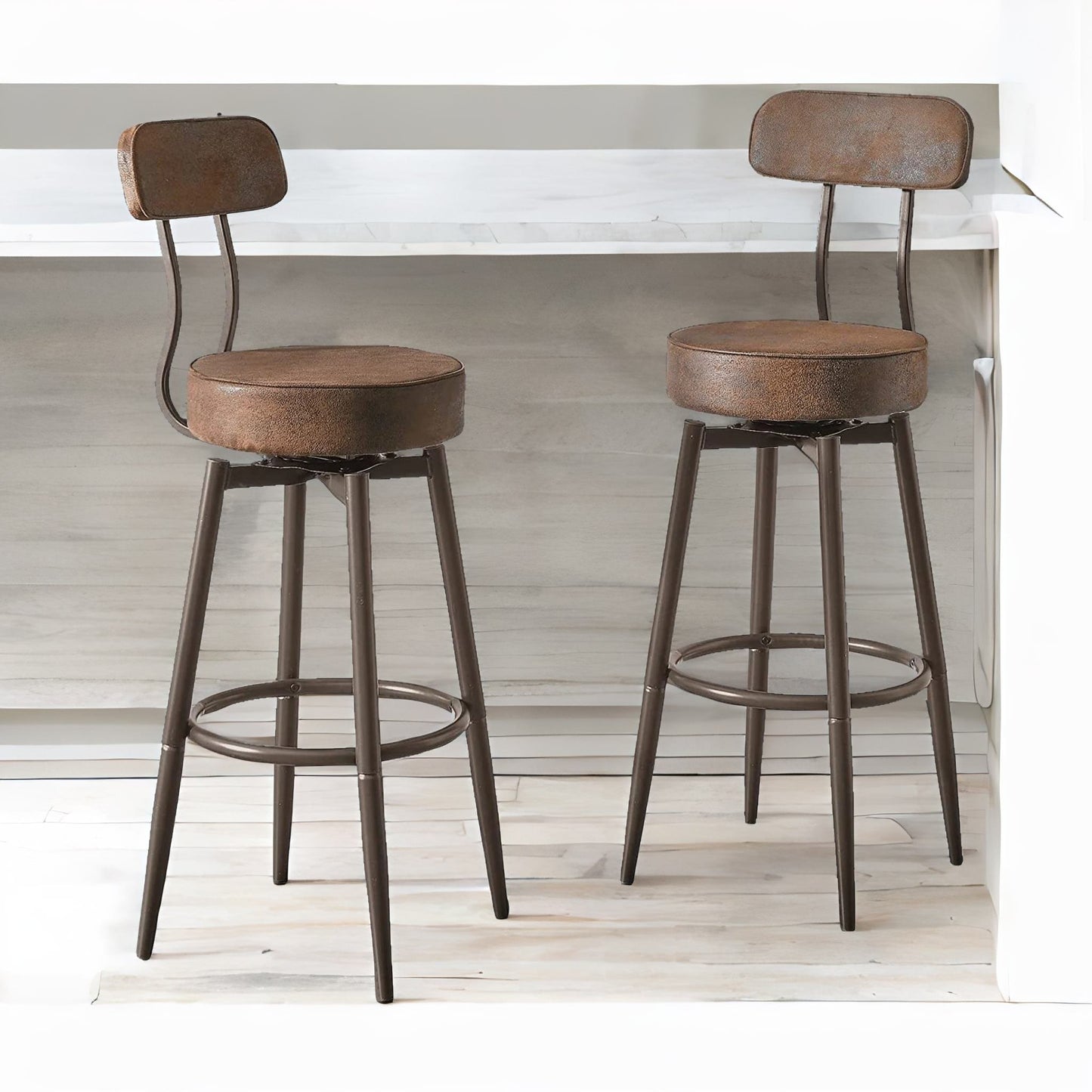 industrial faux leather swivel bar stool with back & footrest