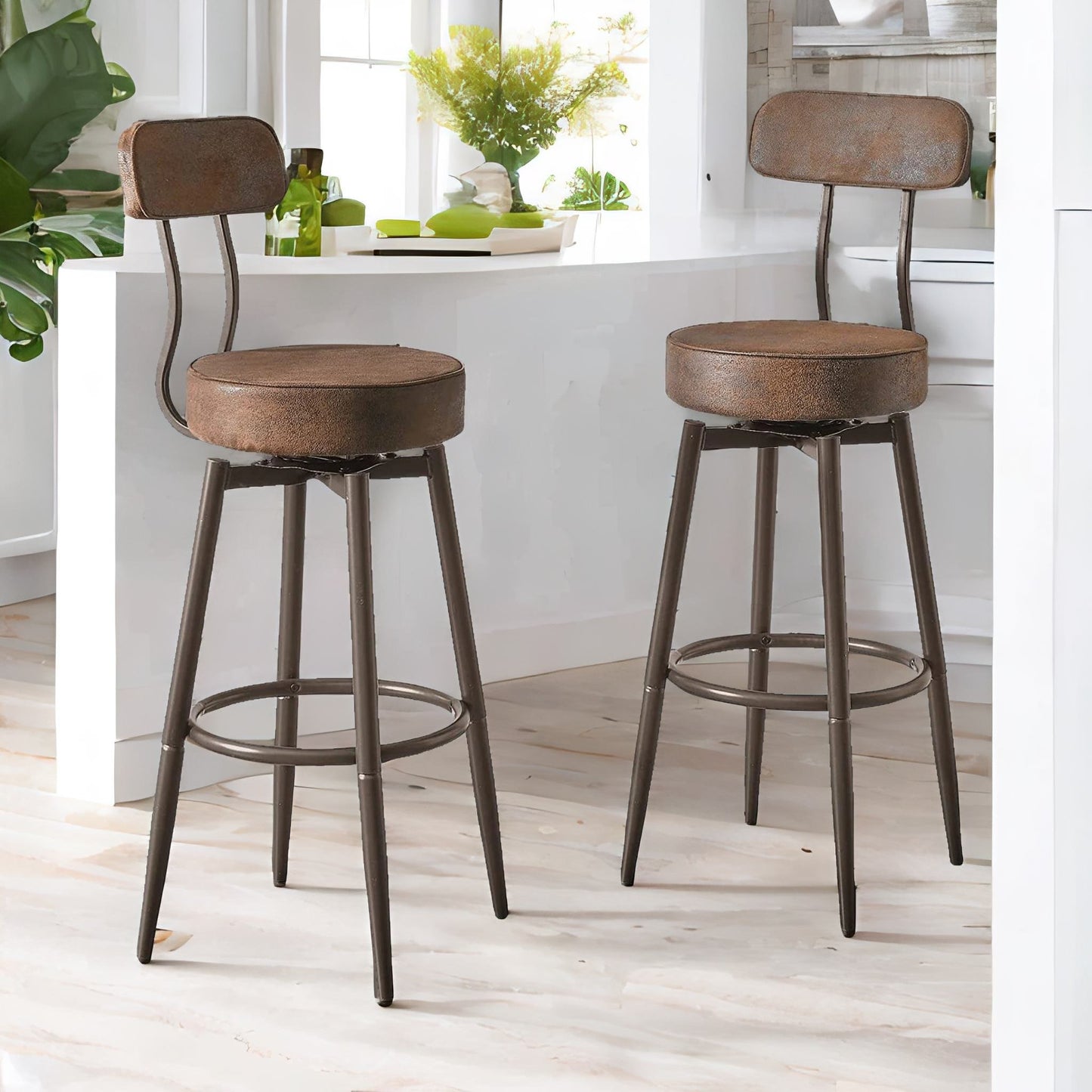 industrial faux leather swivel bar stool with back & footrest