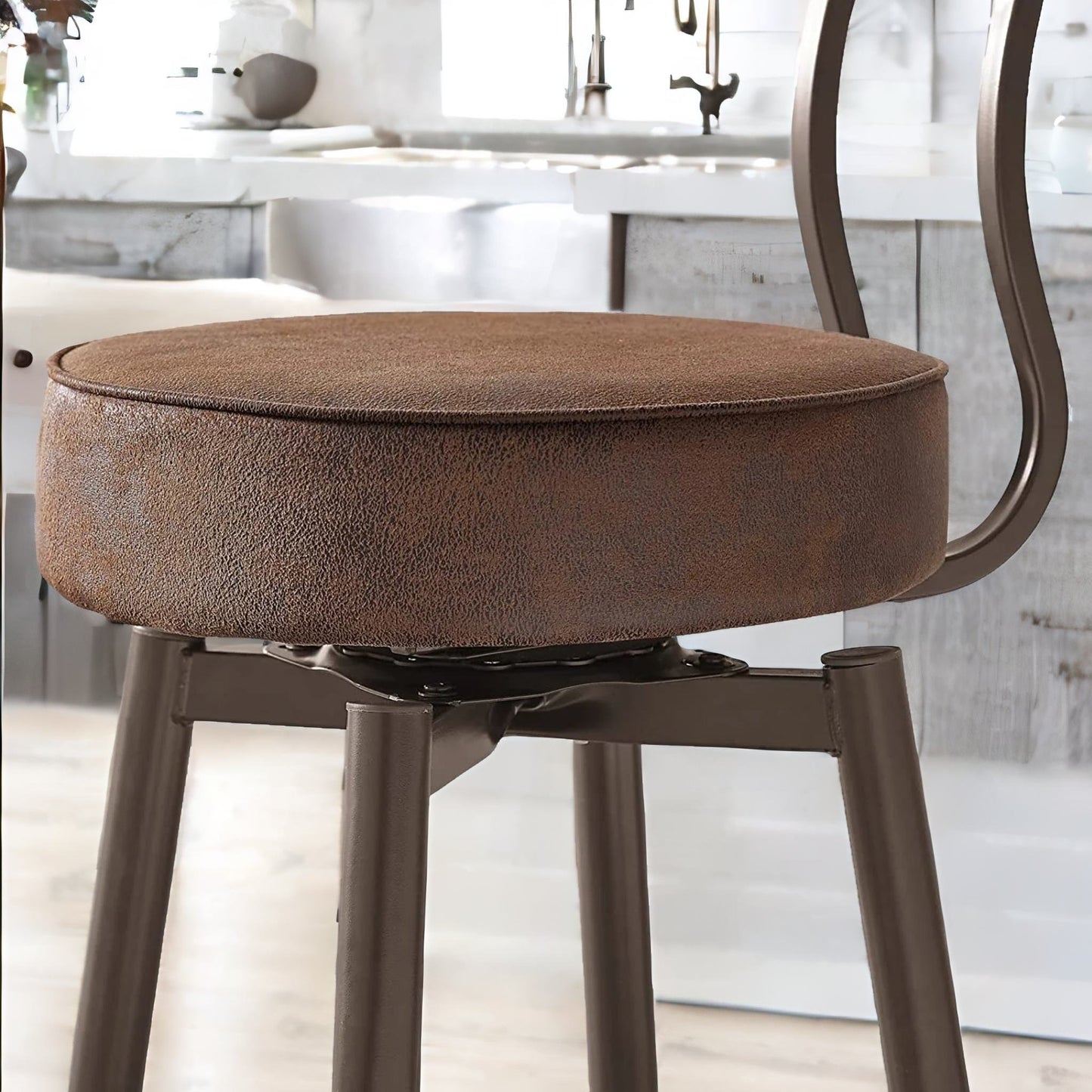 industrial faux leather swivel bar stool with back & footrest