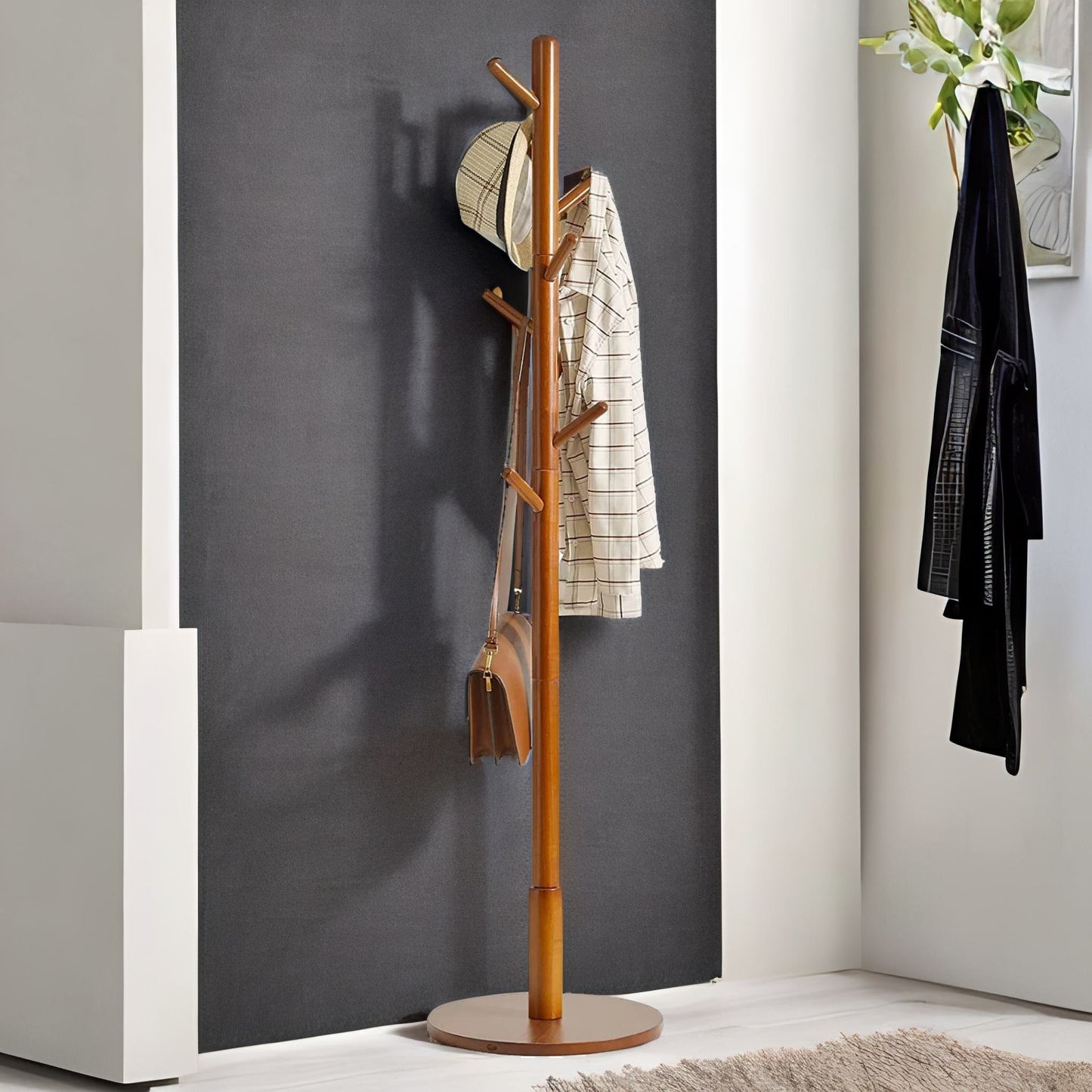 adjustable wooden 8 hook coat stand with round base