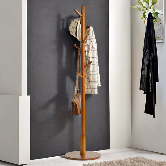 Adjustable Wooden 8 Hook Coat Stand With Round Base