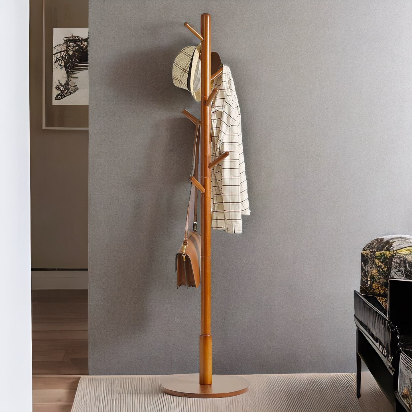 adjustable wooden 8 hook coat stand with round base