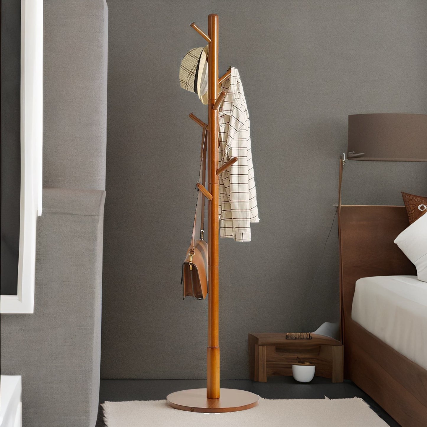 adjustable wooden 8 hook coat stand with round base