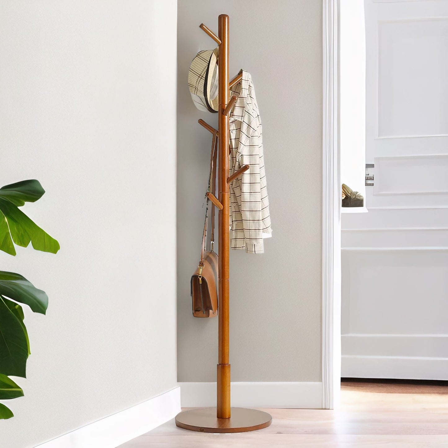 adjustable wooden 8 hook coat stand with round base