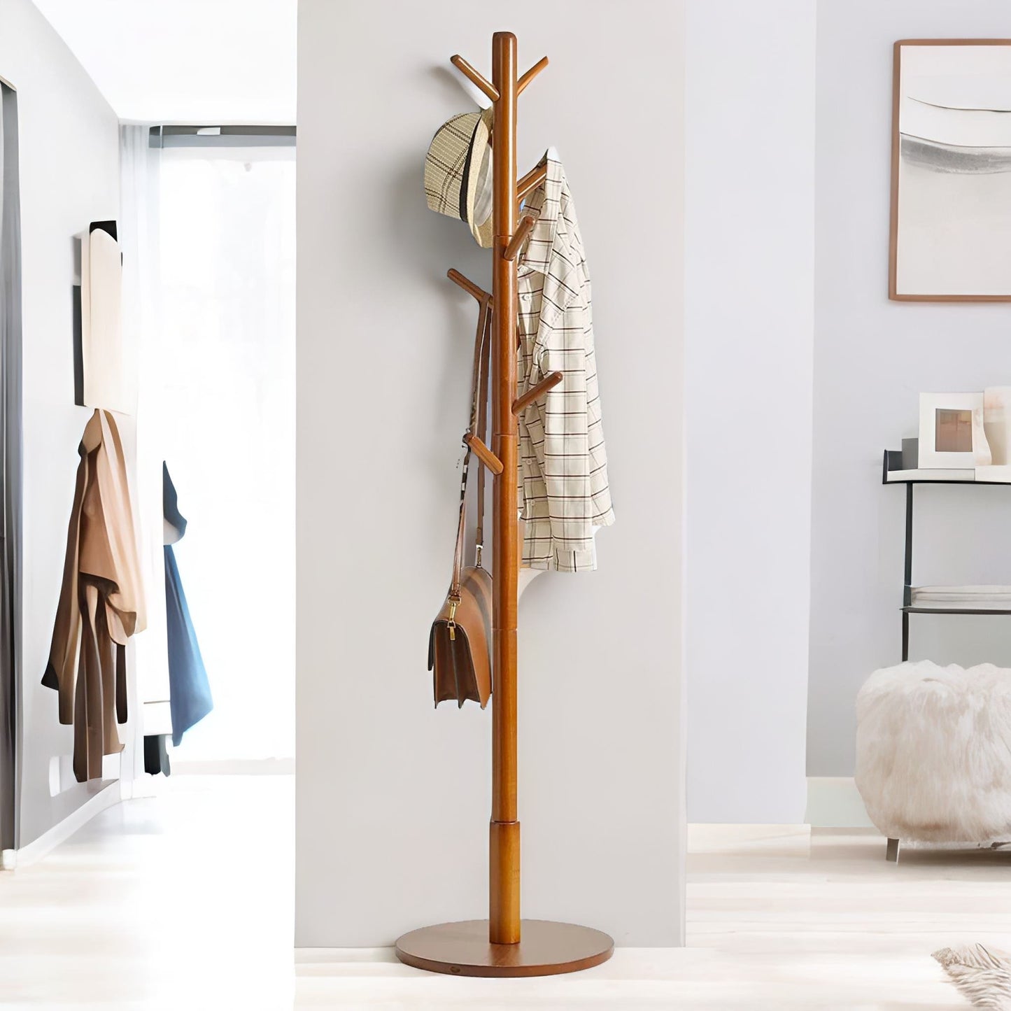 adjustable wooden 8 hook coat stand with round base