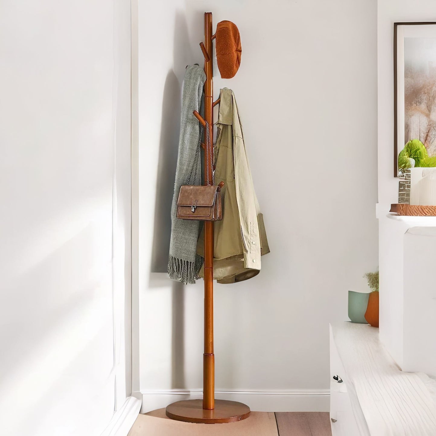 adjustable wooden 8 hook coat stand with round base