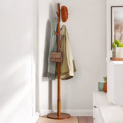 Adjustable Wooden 8 Hook Coat Stand With Round Base