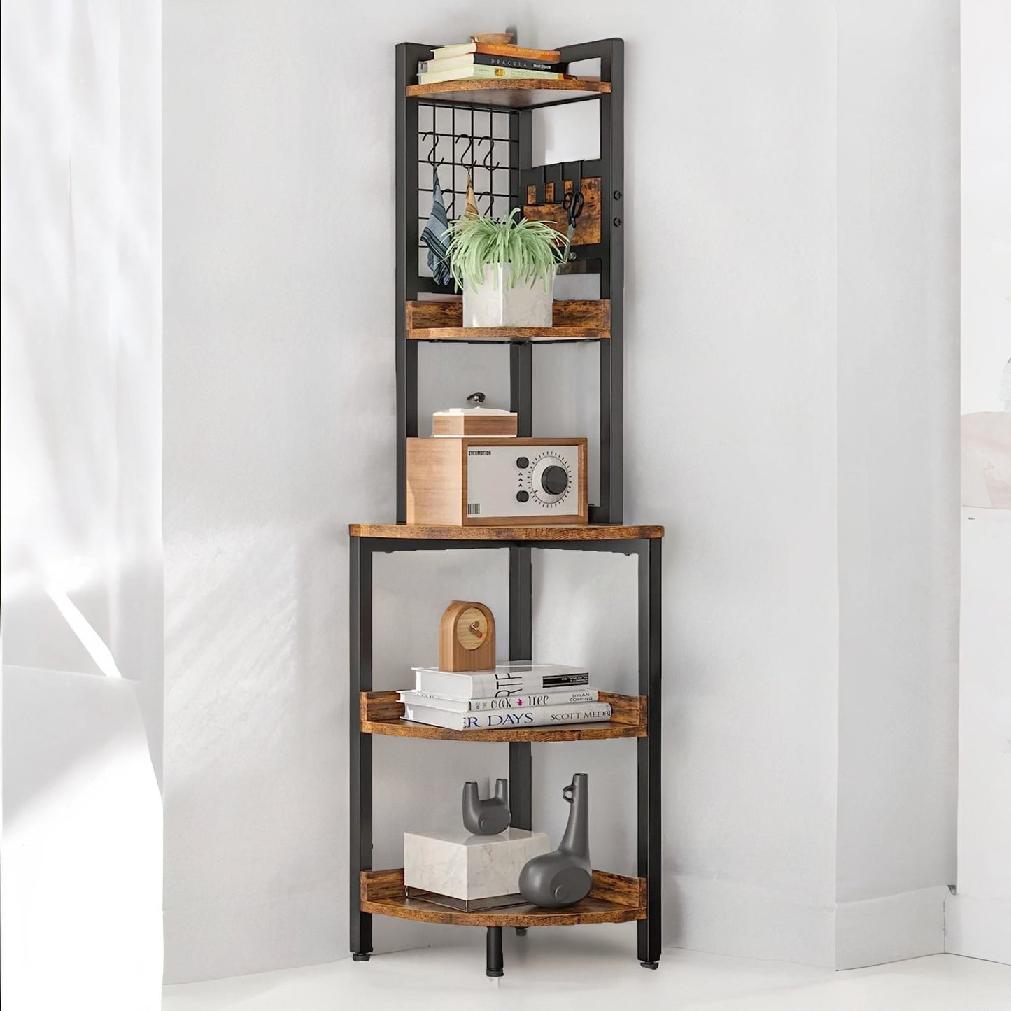 industrial free-standing 5 tier corner shelf rustic brown