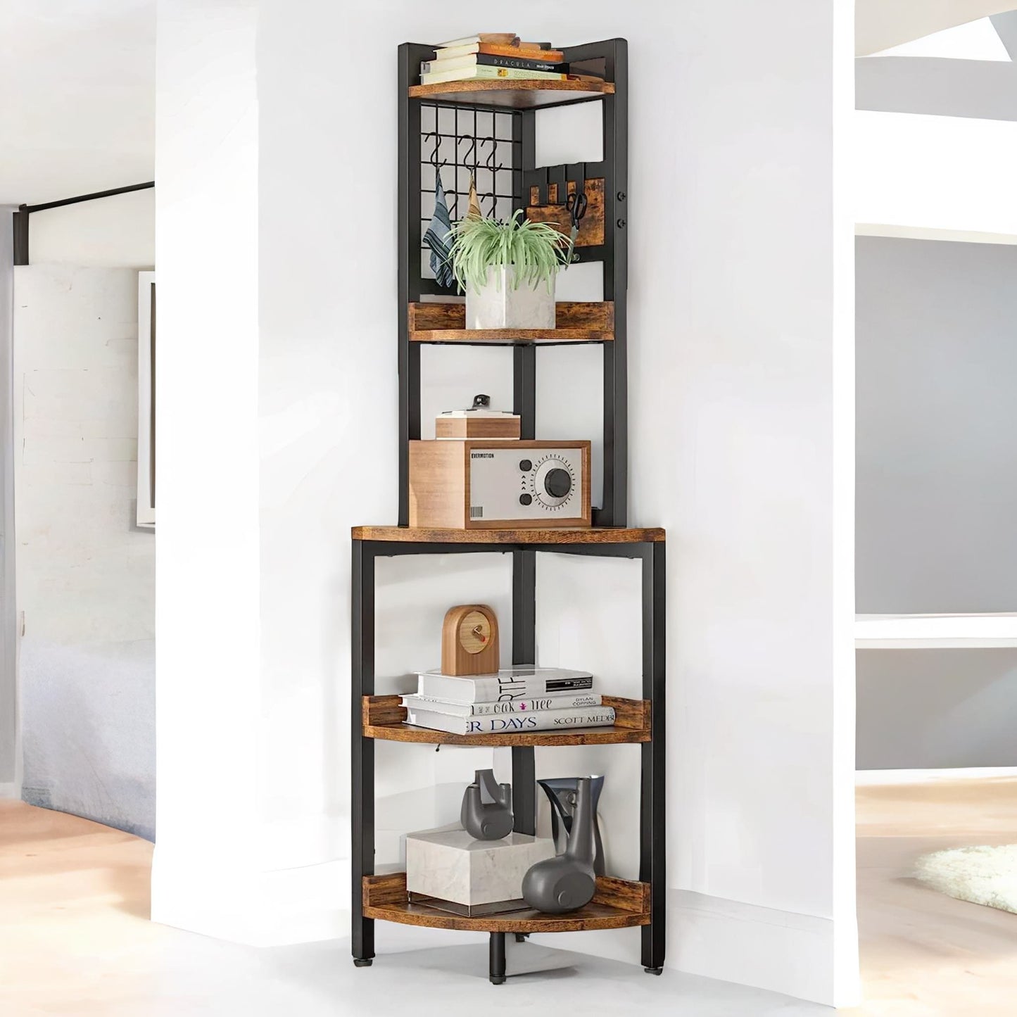 industrial free-standing 5 tier corner shelf rustic brown