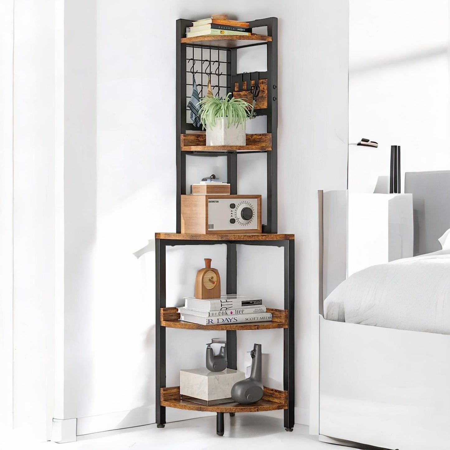 industrial free-standing 5 tier corner shelf rustic brown