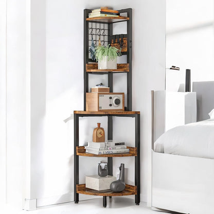 Industrial Free-Standing 5 Tier Corner Shelf Rustic Brown