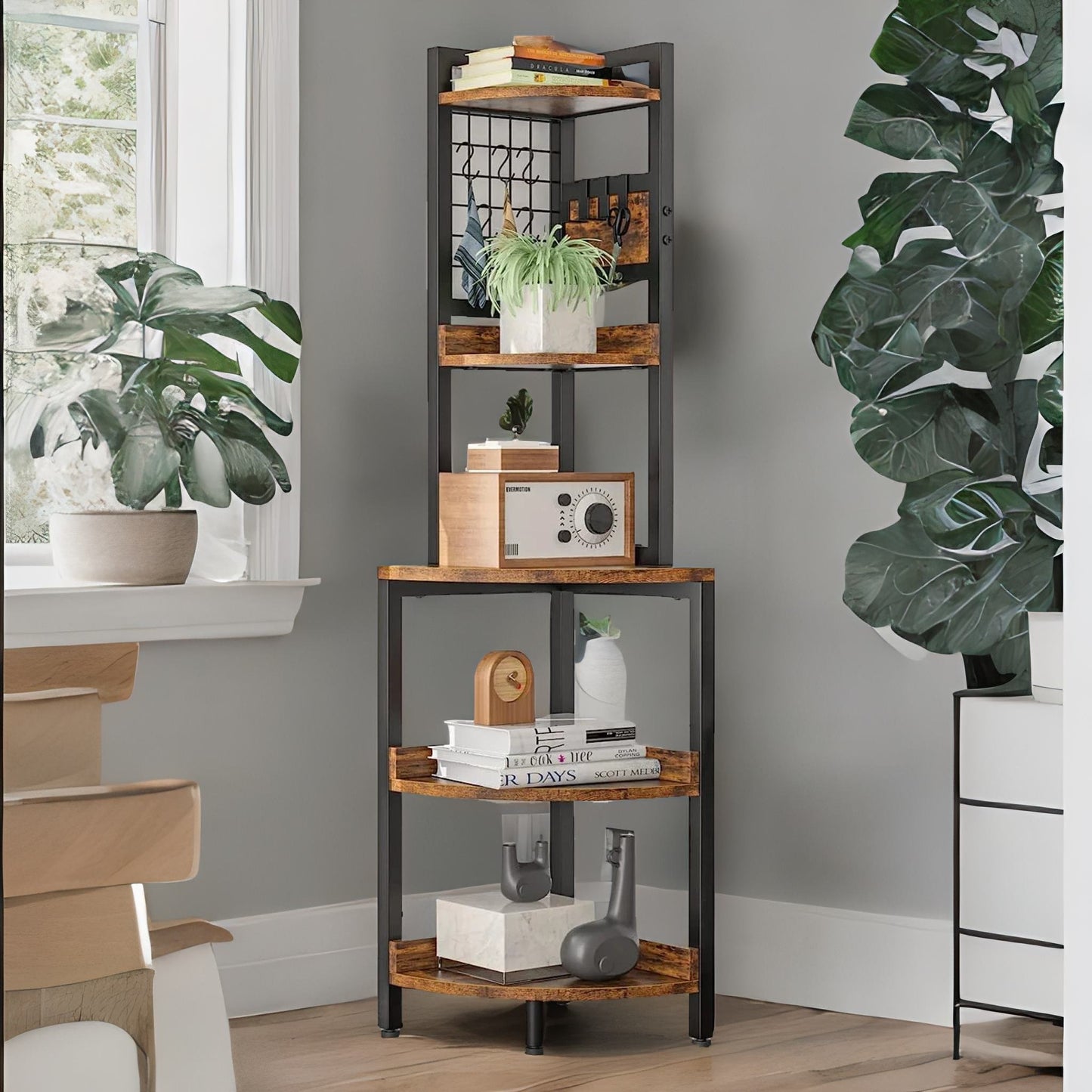 industrial free-standing 5 tier corner shelf rustic brown