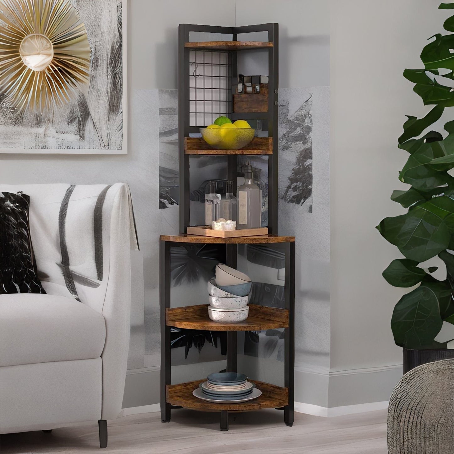 industrial free-standing 5 tier corner shelf rustic brown