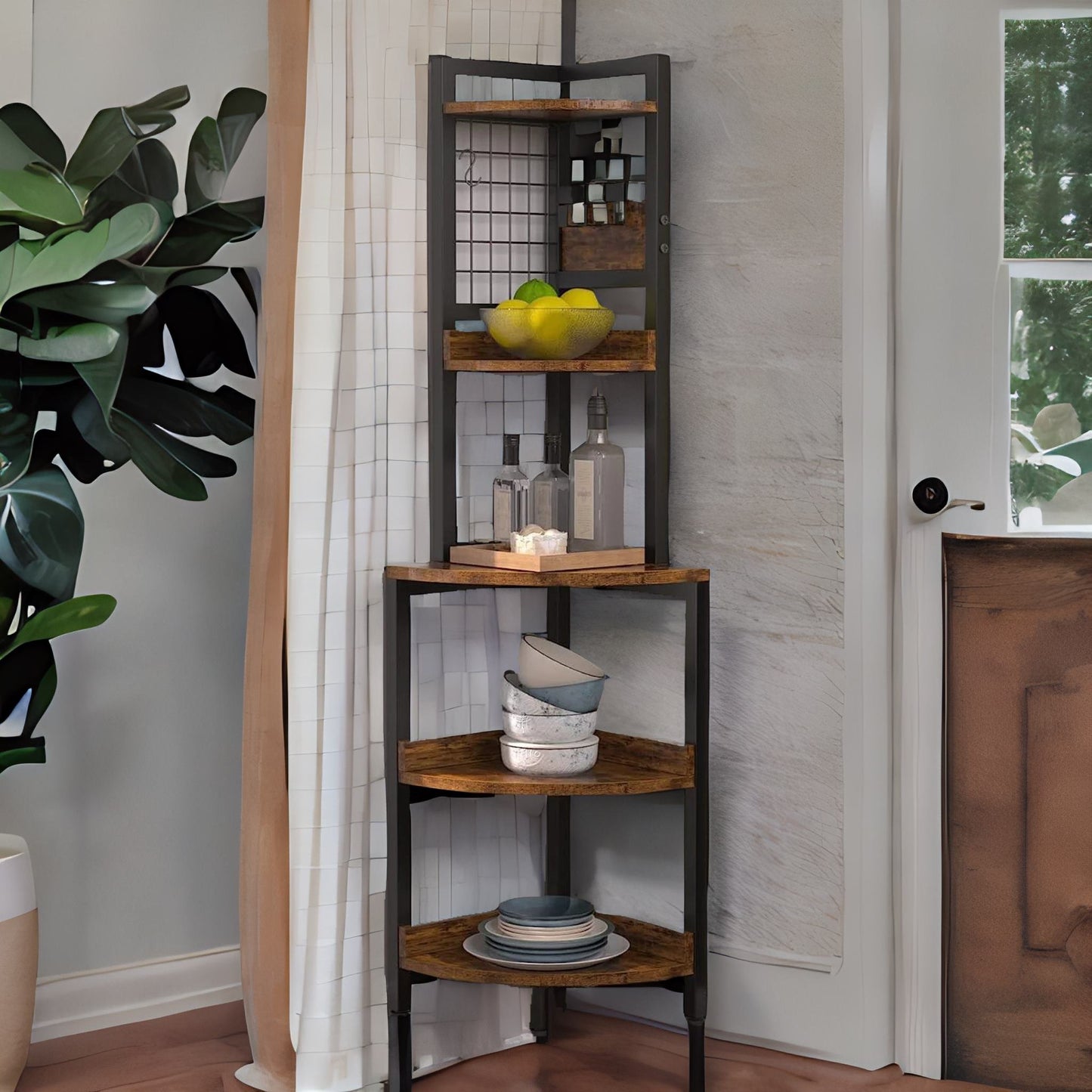 industrial free-standing 5 tier corner shelf rustic brown