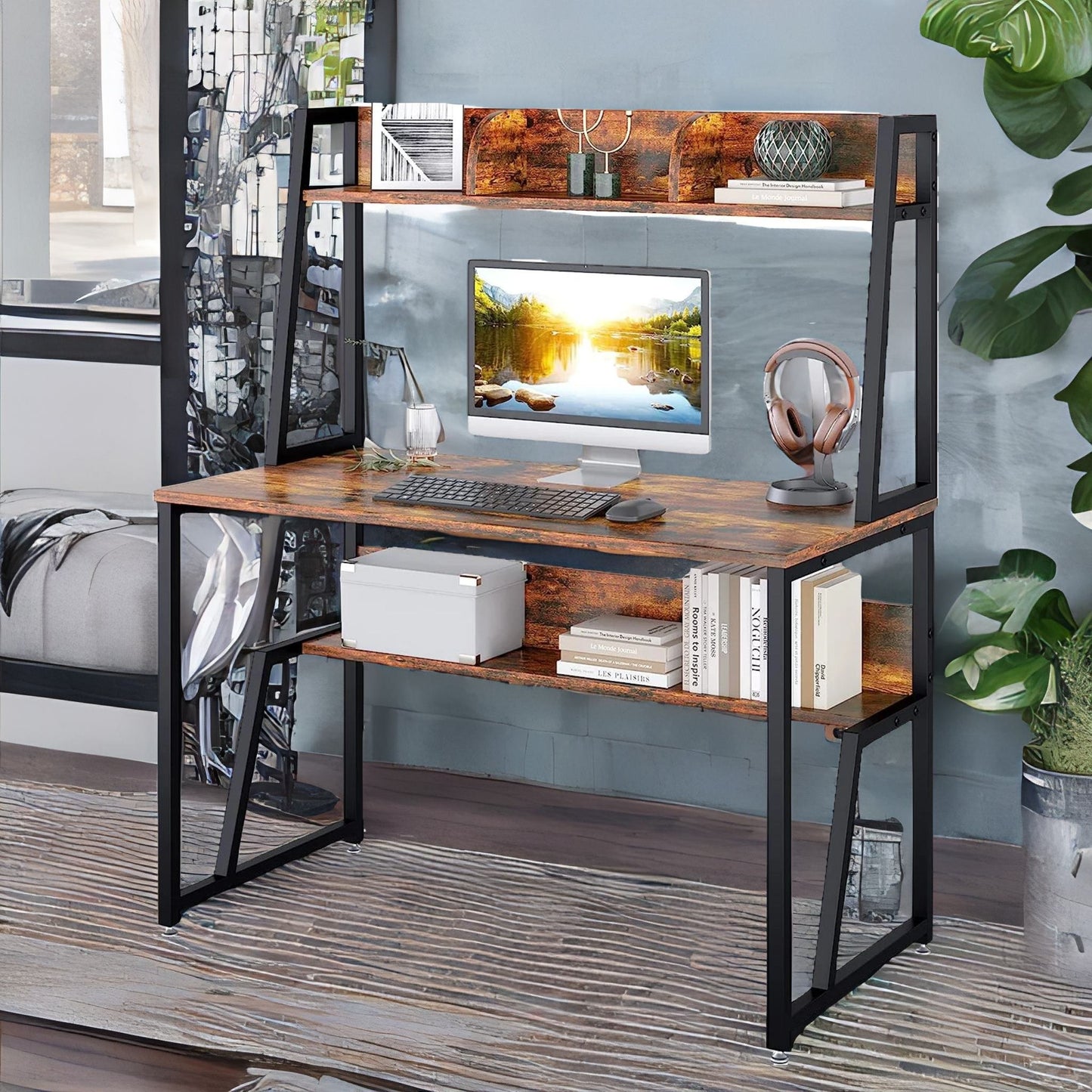 3 tier industrial writing desk rustic brown