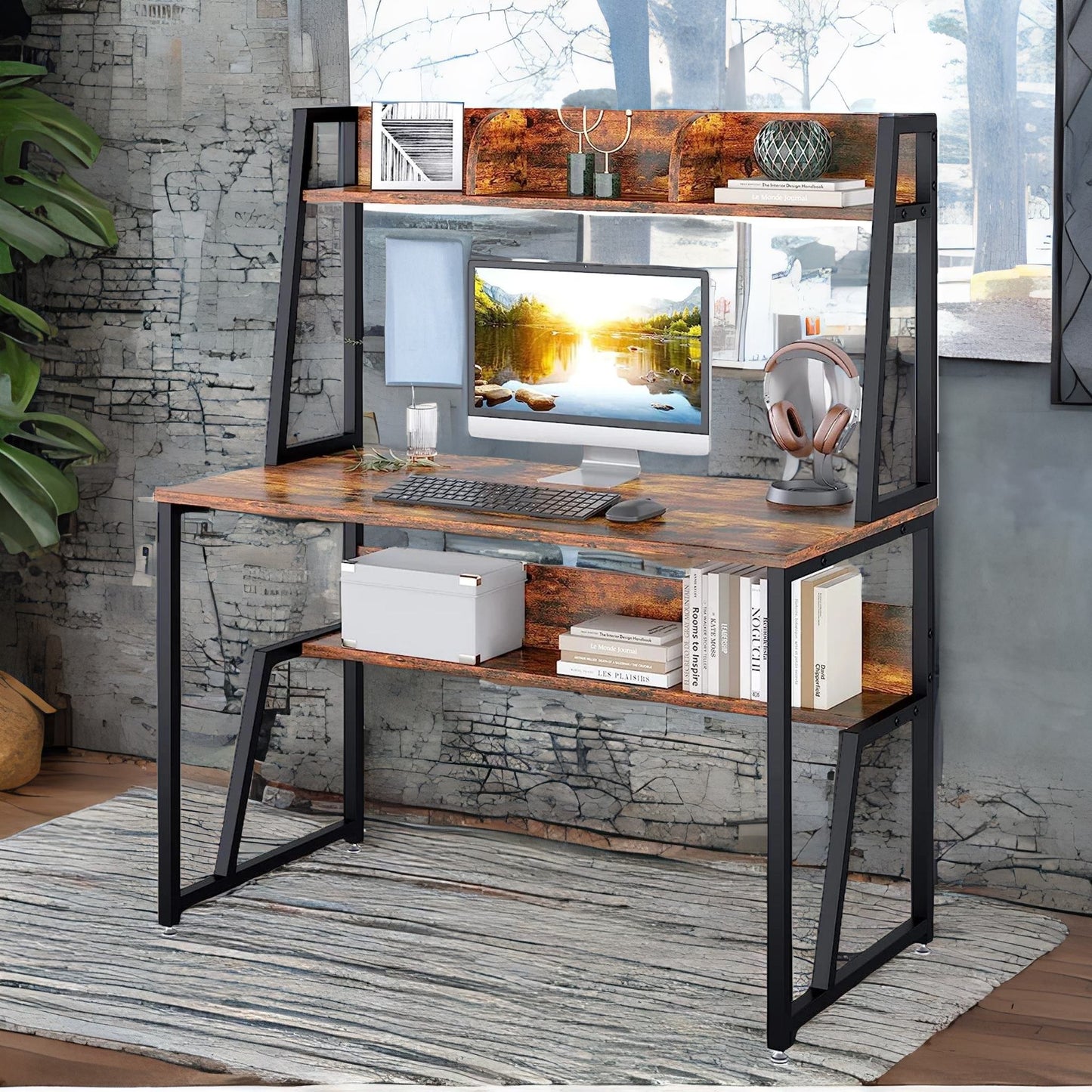 3 tier industrial writing desk rustic brown