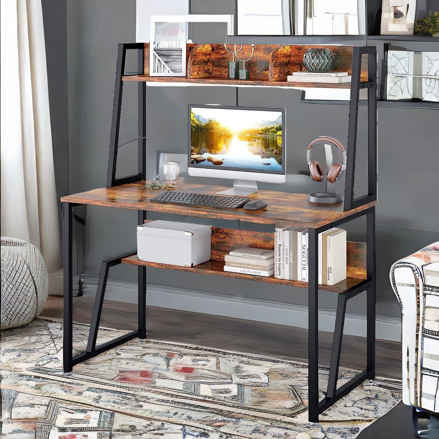 3 tier industrial writing desk rustic brown