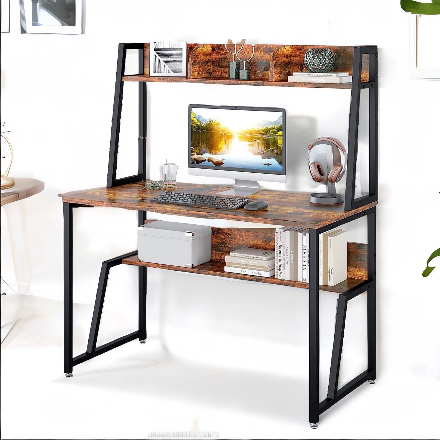 3 tier industrial writing desk rustic brown