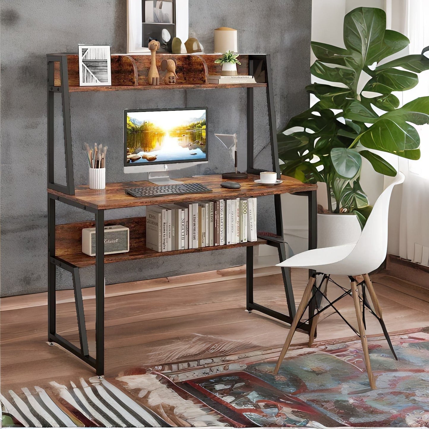 3 tier industrial writing desk rustic brown