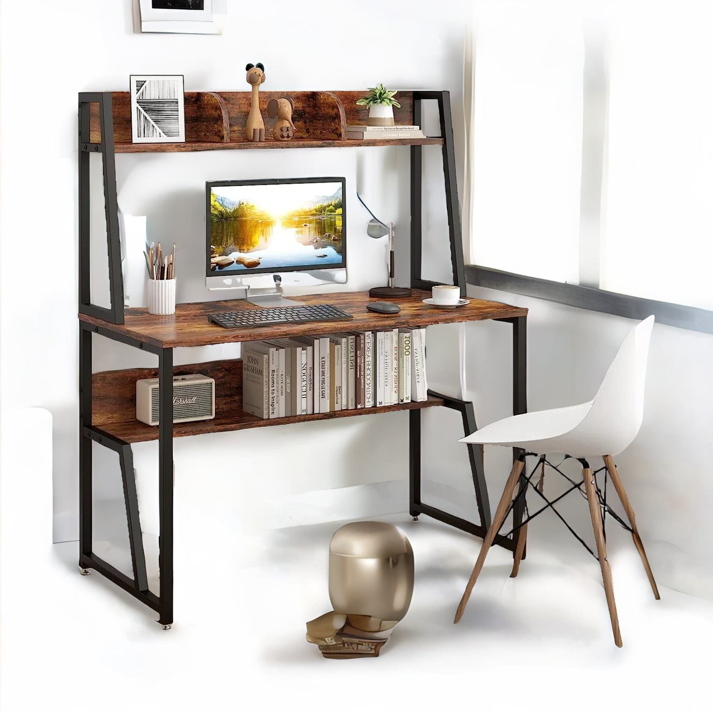 3 tier industrial writing desk rustic brown