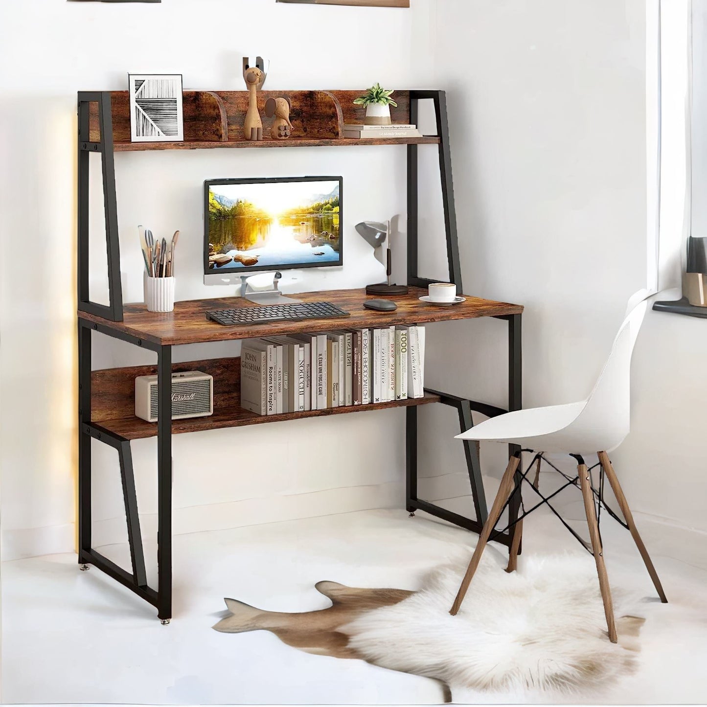 3 tier industrial writing desk rustic brown