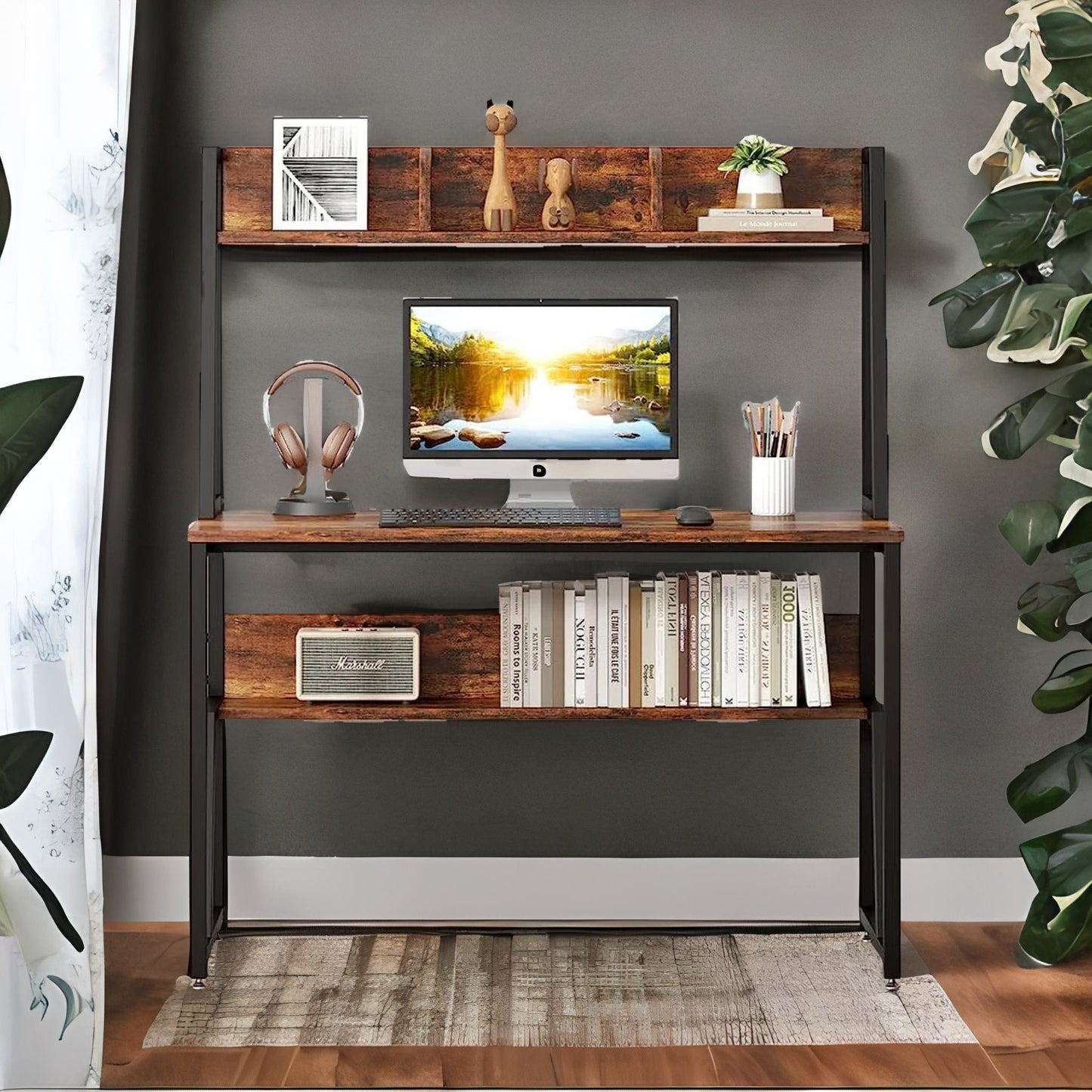 3 tier industrial writing desk rustic brown