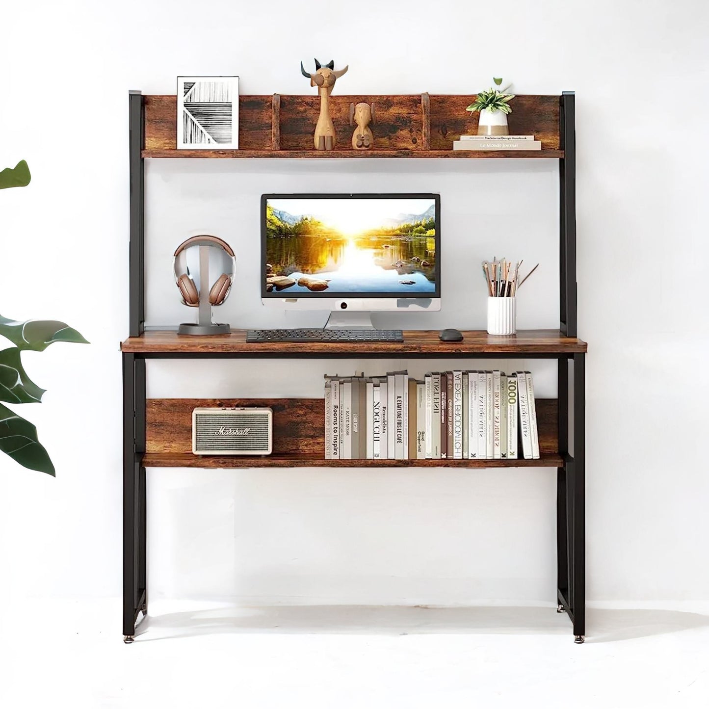 3 tier industrial writing desk rustic brown