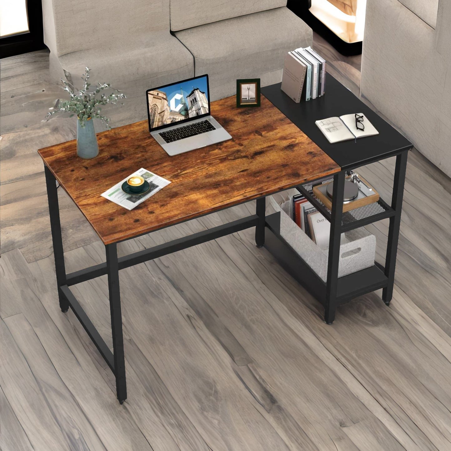 industrial writing desk with 2 shelves rustic brown