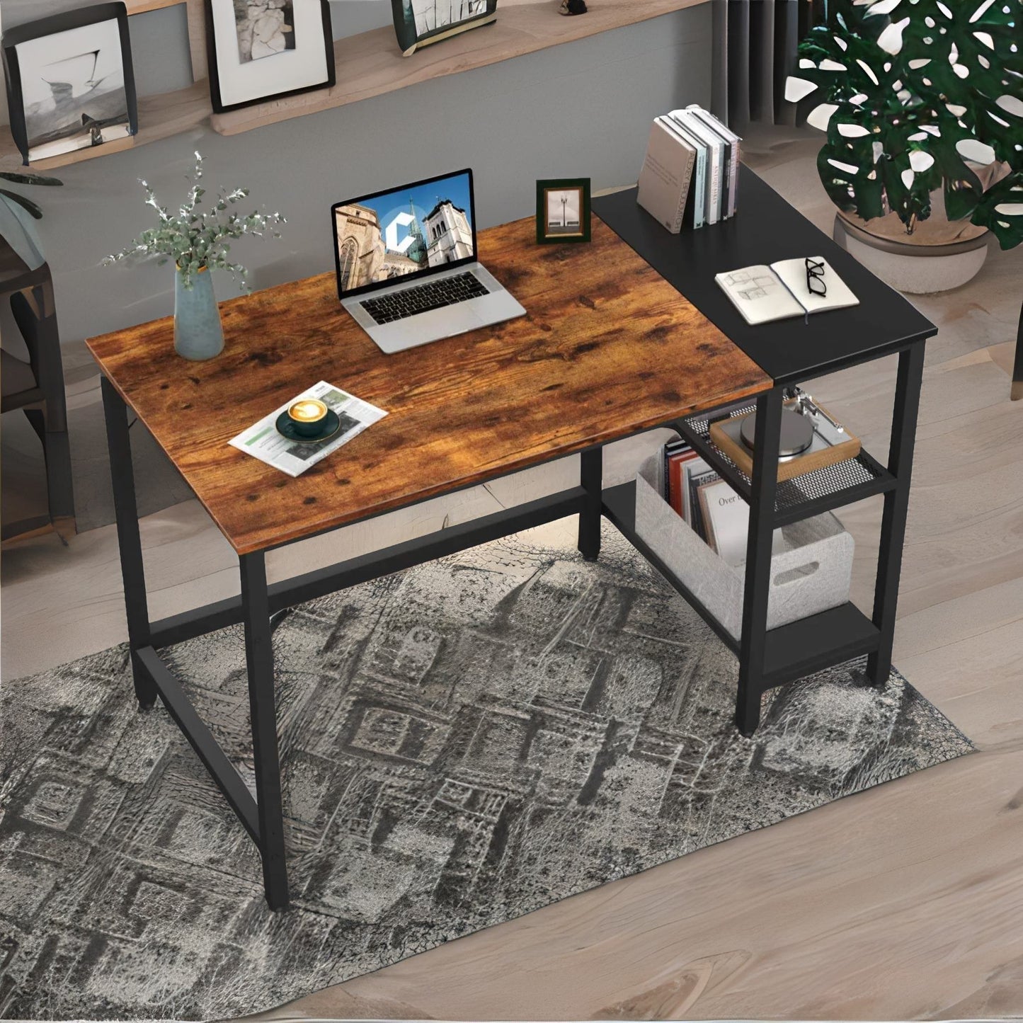 industrial writing desk with 2 shelves rustic brown