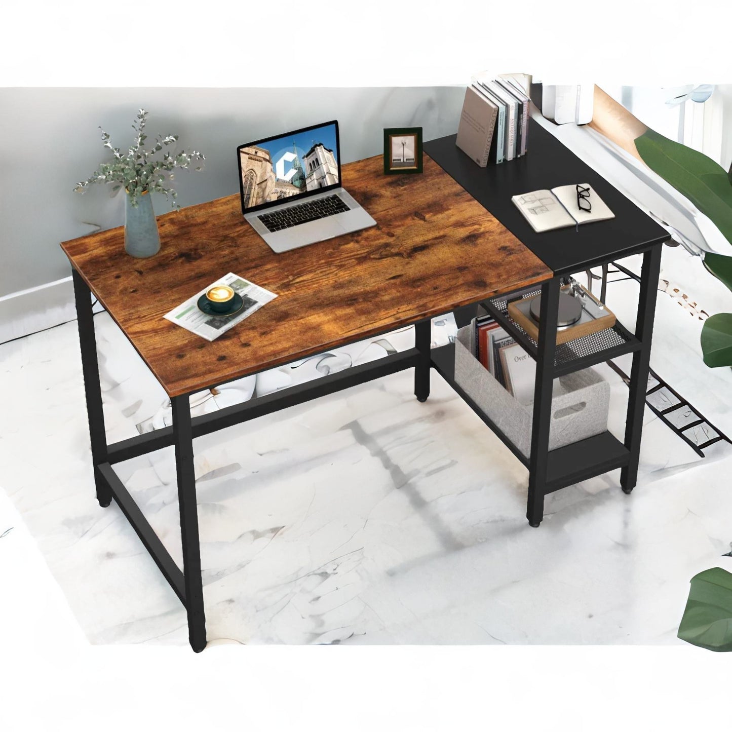 industrial writing desk with 2 shelves rustic brown