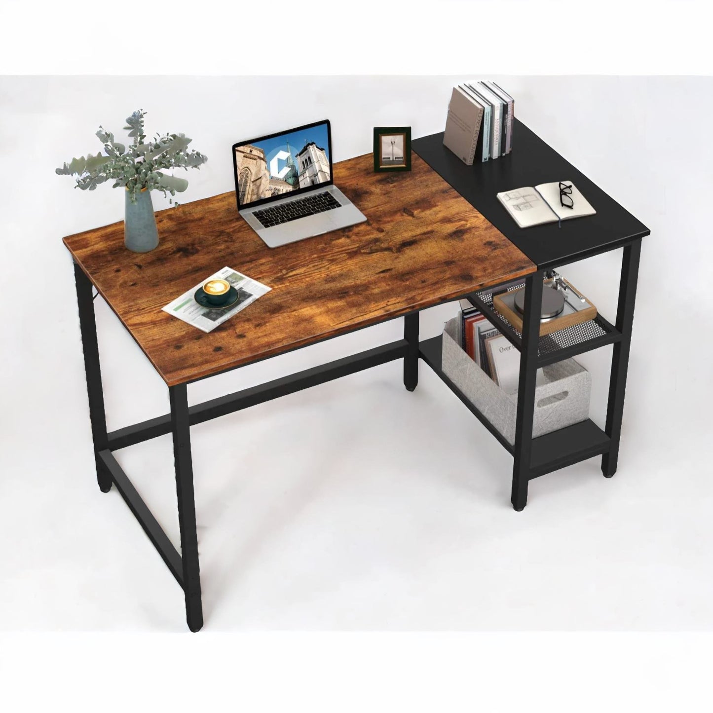 industrial writing desk with 2 shelves rustic brown