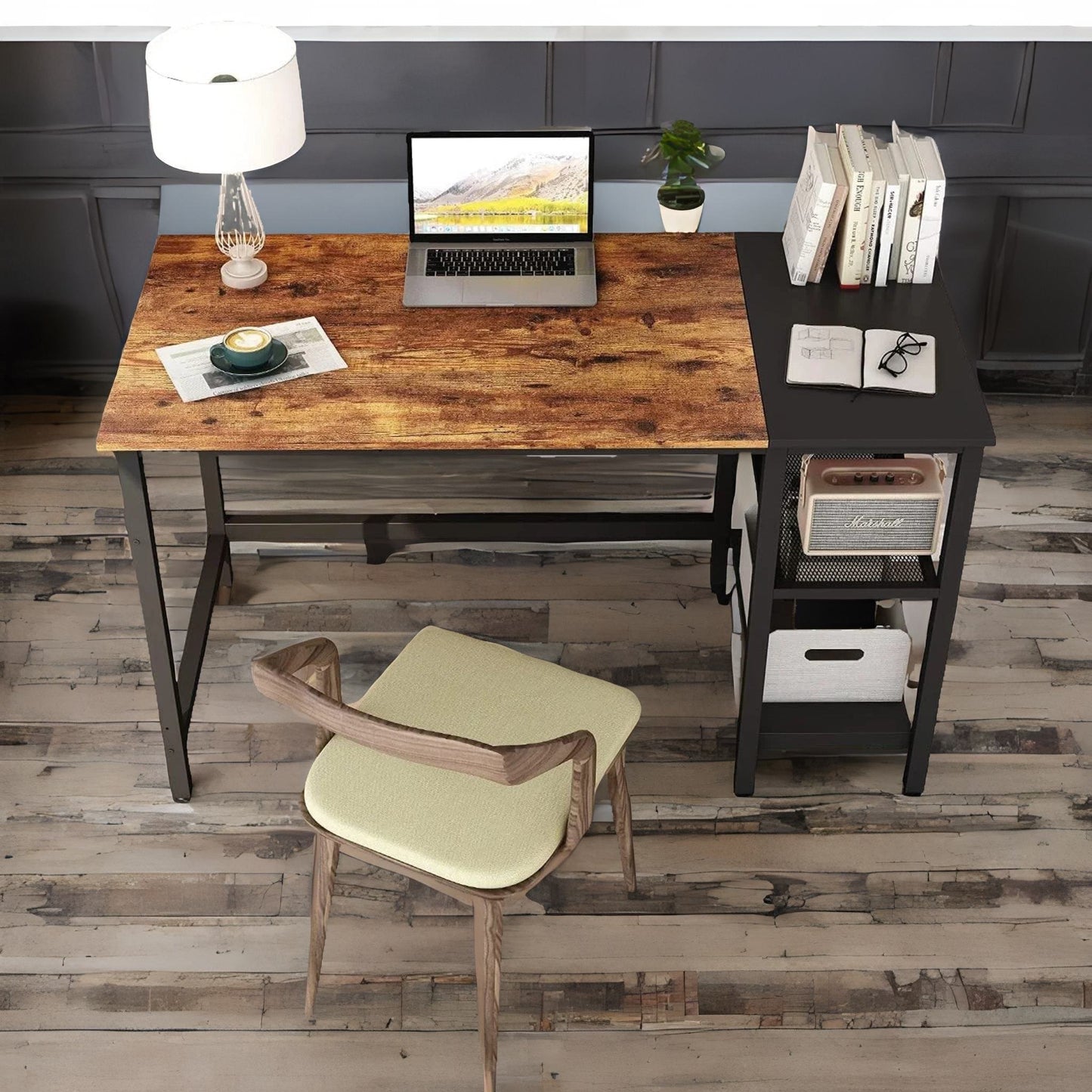 industrial writing desk with 2 shelves rustic brown