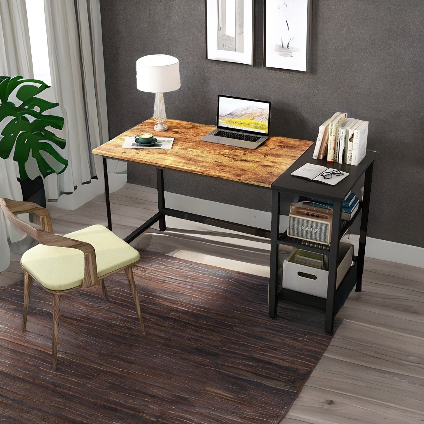 industrial writing desk with 2 shelves rustic brown